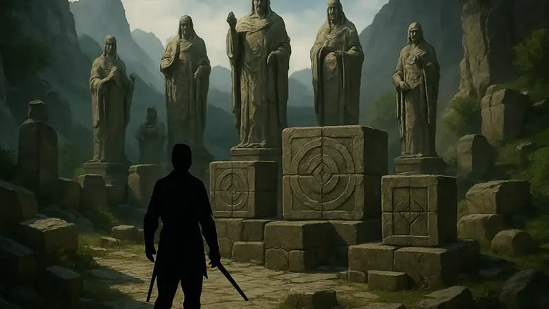 Каменные статуи и блоки головоломки «Гора Пяти Пальцев» в игре Crimson Desert