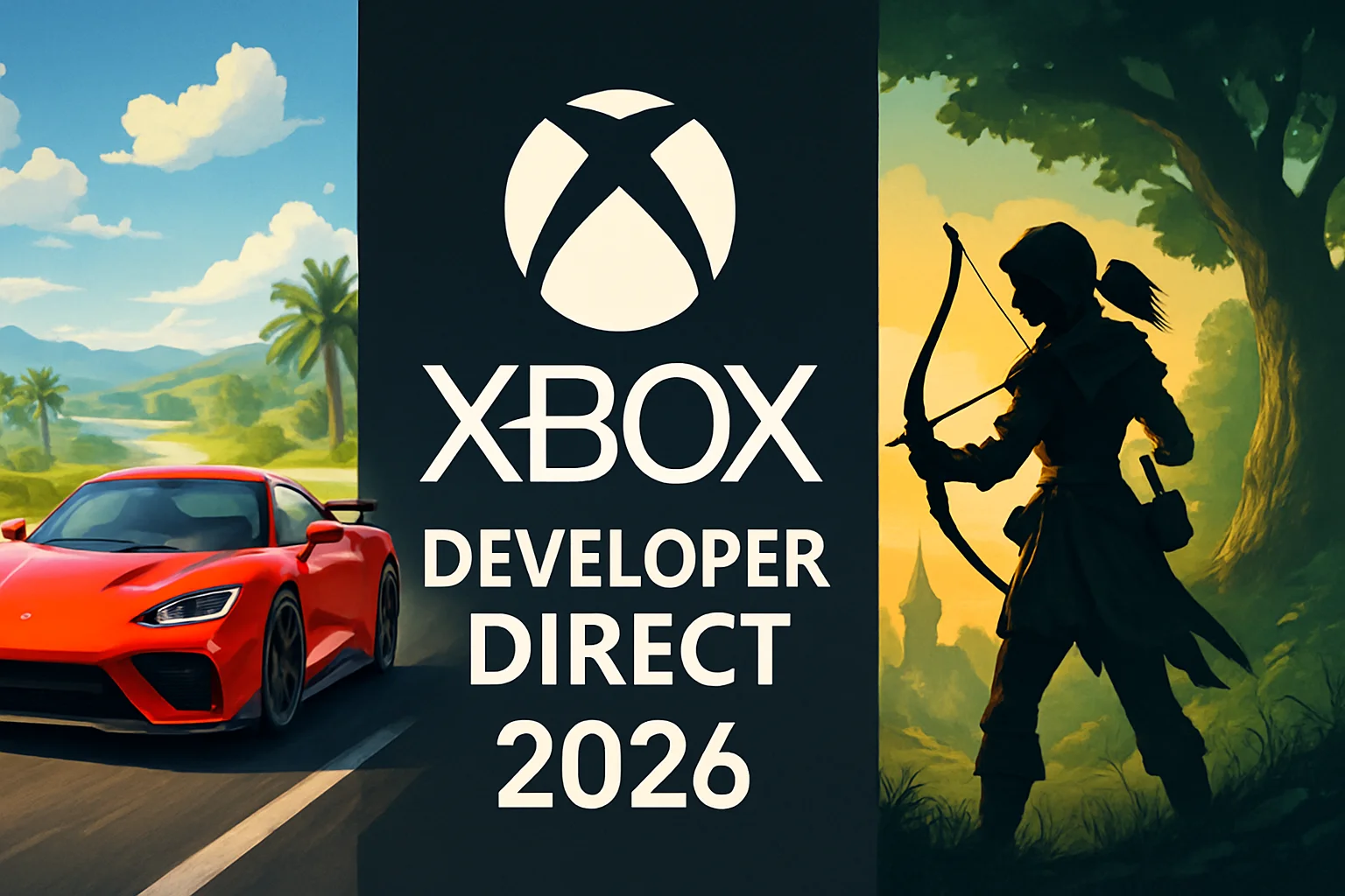 Логотип Xbox Developer Direct 2026, на фоне кадры из игр Forza Horizon 6 и Fable.