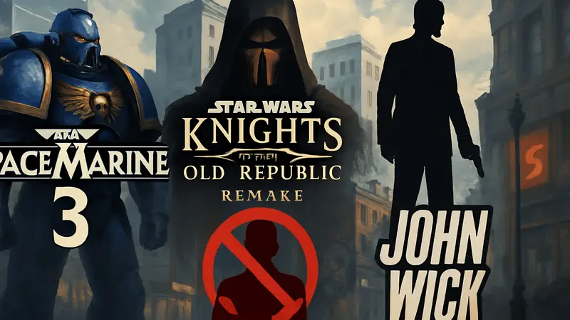 Логотипы игр Space Marine 3, KOTOR Remake и Джона Уика, символизирующие опровержение сроков выхода от Saber Interactive.