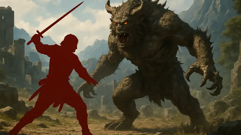 Игрок сражается с огромным монстром в мире Crimson Desert, показывая динамичный бой.