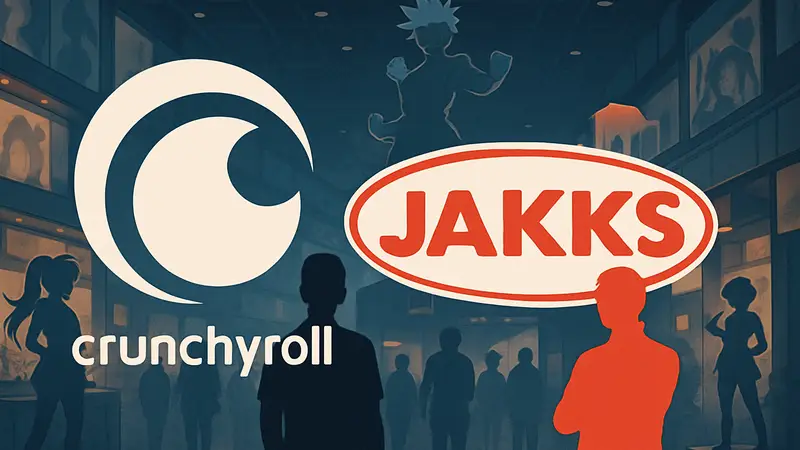 Логотипы Crunchyroll и JAKKS Pacific, символизирующие партнерство и аниме-мерчендайзинг.