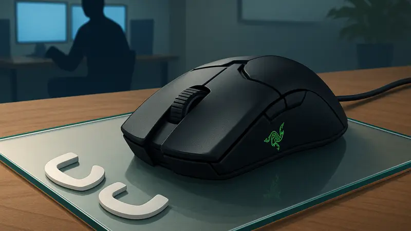 Игровая мышь Razer Viper V4 Pro на стеклянном коврике, рядом сменные глайды.
