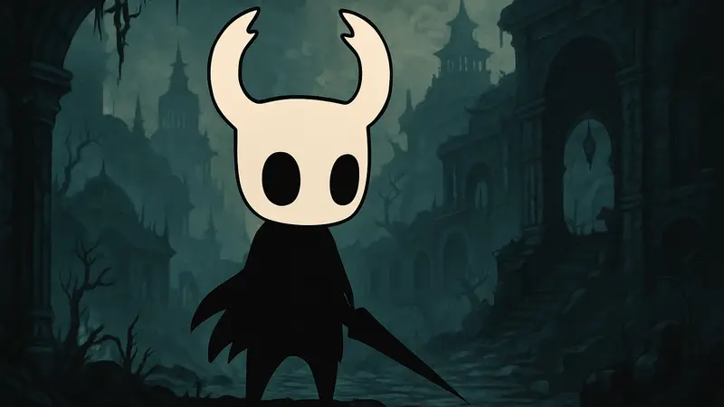 Главный герой Karma Exorcist, нарисованный в стиле Hollow Knight, на фоне мрачных локаций мира мертвых