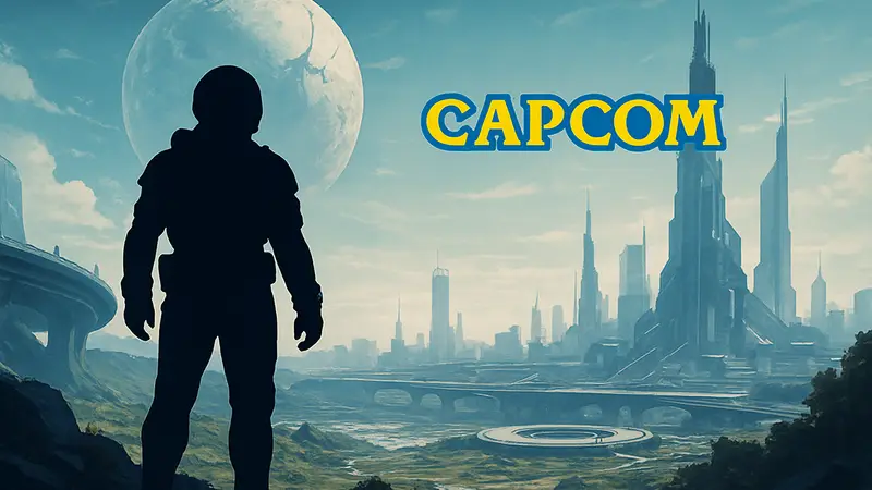 Главный персонаж игры Pragmata, стоящий на футуристическом ландшафте, с логотипом Capcom.