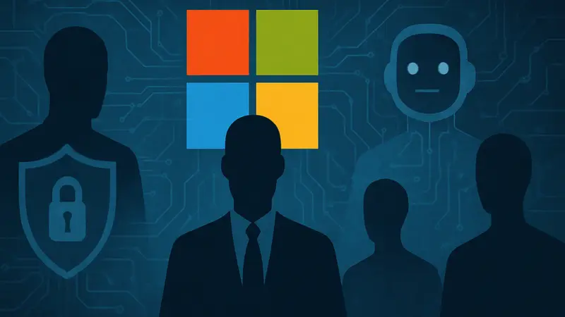 Логотип Microsoft на фоне стилизованных изображений ИИ-агентов, символизирующих кибербезопасность.