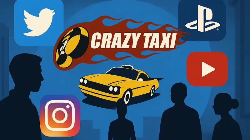 Логотип Crazy Taxi на фоне иконок социальных сетей с символикой PlayStation 5