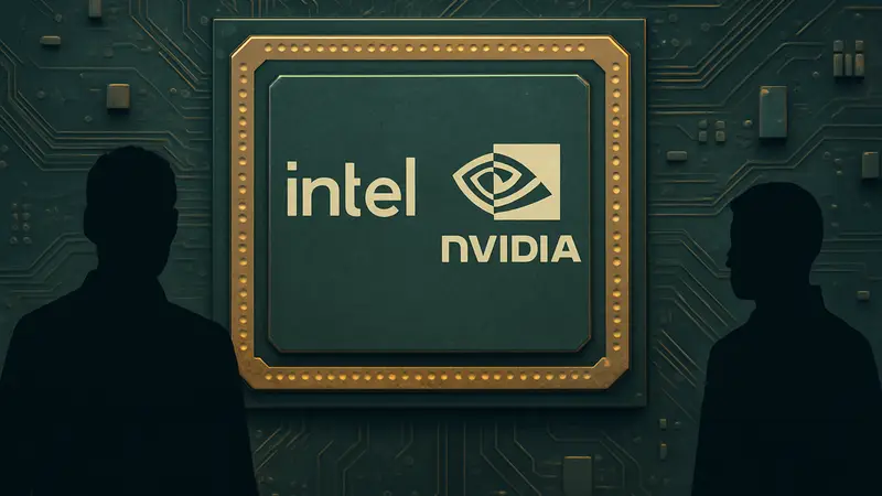 Логотипы Intel и Nvidia на фоне микросхемы процессора, символизирующие их сотрудничество.