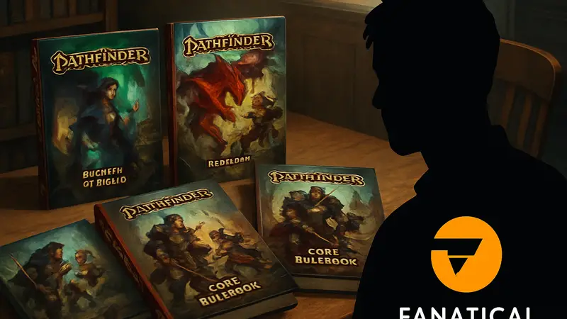 Обложки книг Pathfinder 2e, лежащие на столе, с логотипом Fanatical