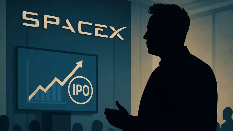 Илон Маск на фоне логотипа SpaceX на анонсе IPO, связанном с Tesla