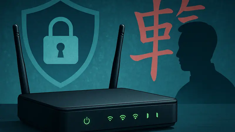 Домашний роутер с индикаторами, на фоне иконки кибербезопасности и китайских иероглифов.