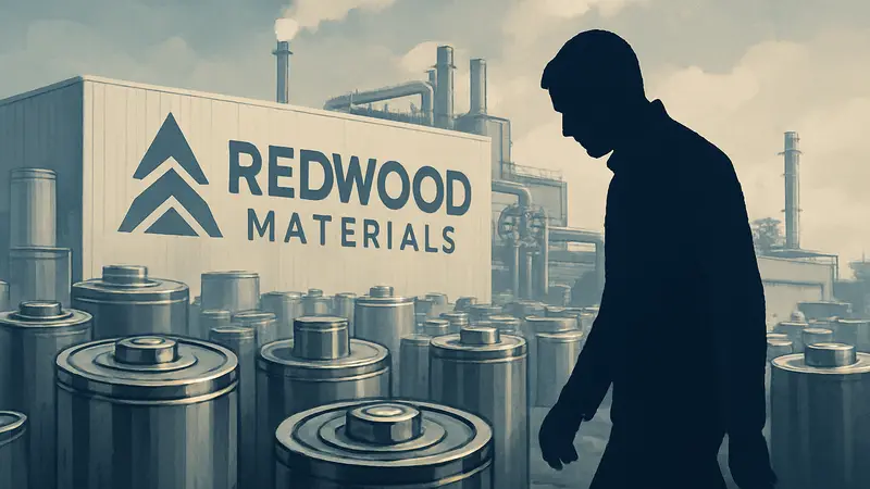 Логотип Redwood Materials на фоне изображения аккумуляторных батарей или завода по переработке.