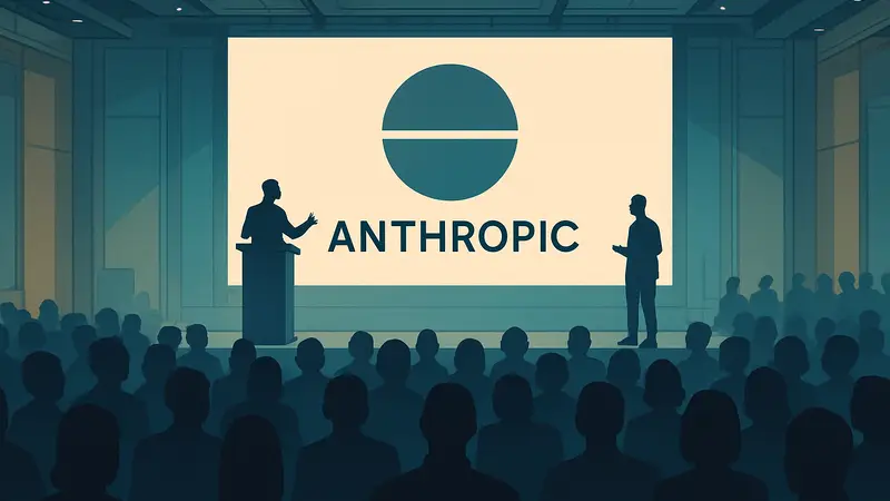 Логотип Anthropic или Claude на фоне конференц-зала с выступающими и аудиторией на HumanX.