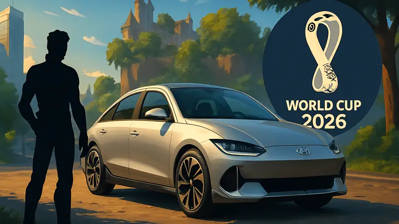 Изображение автомобиля Hyundai IONIQ 6 в игре Fortnite, рядом с логотипом FIFA World Cup 2026.