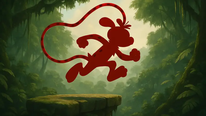 Марсупилами из игры Marsupilami 2 - Salsa Palombia прыгает по платформе на фоне джунглей.