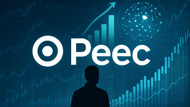 Логотип Peec на фоне цифровых графиков, символизирующих рост доходов и ИИ-аналитику.