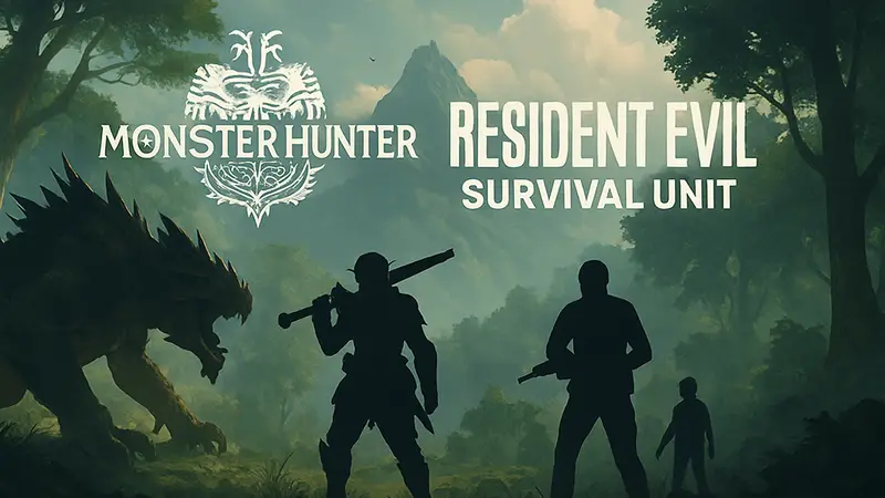 Логотипы Monster Hunter и Resident Evil Survival Unit, символизирующие их коллаборацию, с фоном охоты.