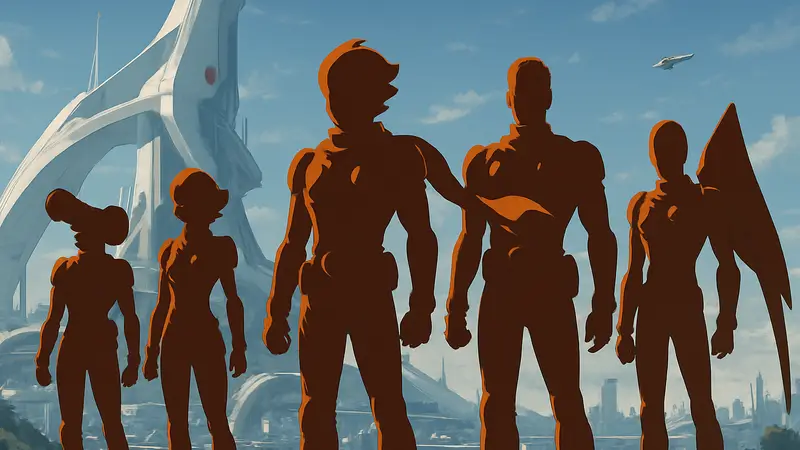Ключевой арт аниме Cyborg 009: Nemesis с главными персонажами в футуристической броне