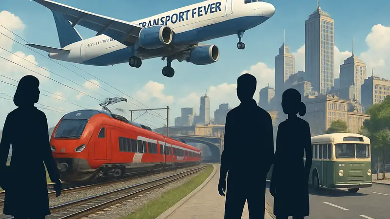 Игровой арт Transport Fever 3, показывающий элементы транспорта и городские пейзажи