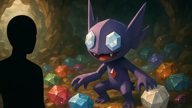 Изображение покемона Сэйблая, окруженного сверкающими самоцветами, в игре Pokémon Pokopia.