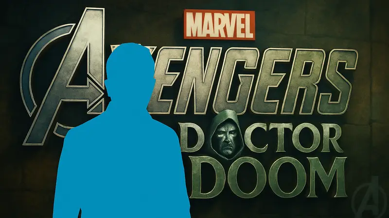 Джо Руссо режиссер на фоне логотипа «Мстители: Доктор Дум» и символов Marvel.