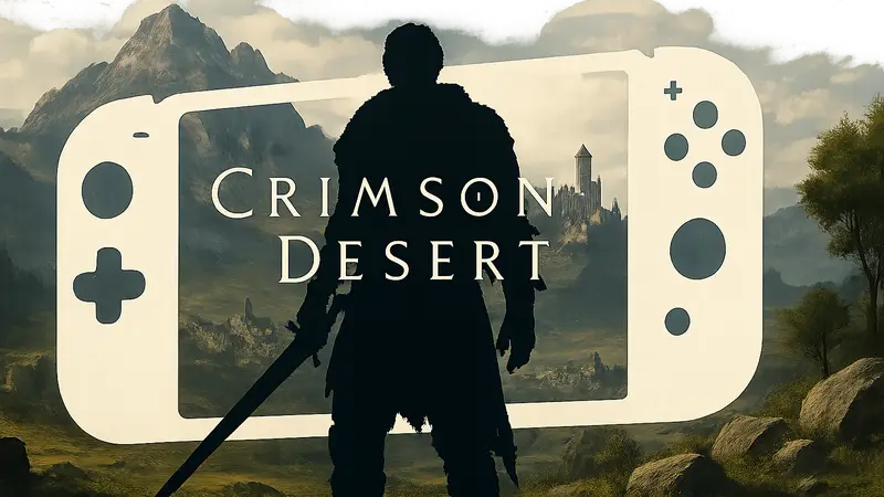 Логотип игры Crimson Desert на фоне силуэта консоли Nintendo Switch 2