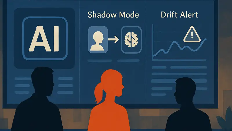 Диаграмма, иллюстрирующая процесс аудита AI-систем с использованием Shadow mode и drift alerts.