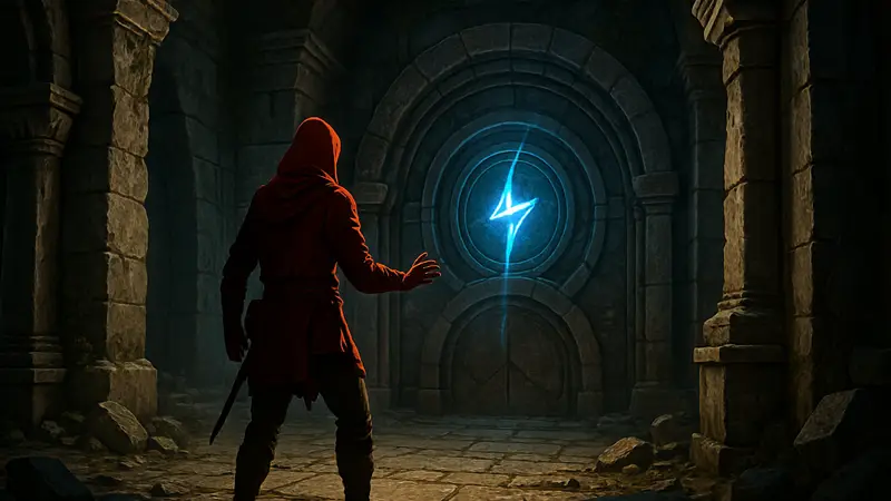 Игровой персонаж в мире Crimson Desert, проходящий головоломку «Хранилище Мести» для навыка Lightning Strike.