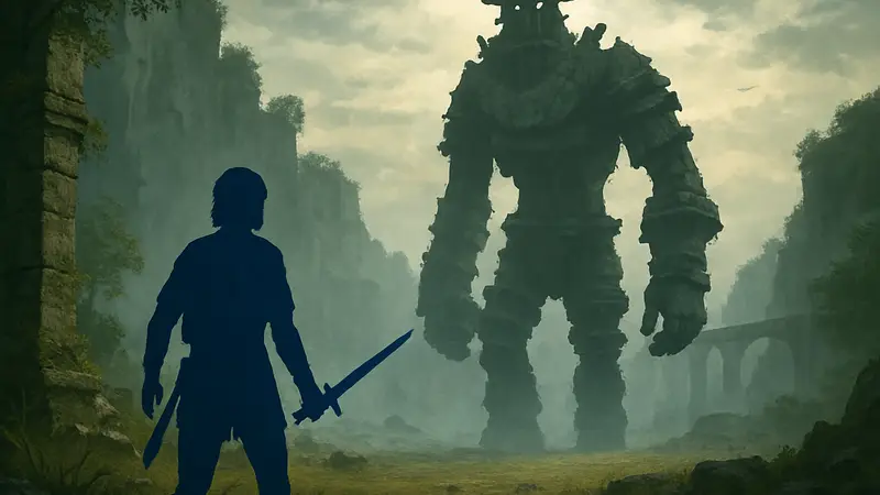 Арт из игры Shadow of the Colossus с изображением главного героя и одного из Колоссов на фоне таинственного пейзажа.