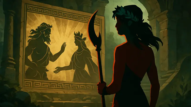 Мелиноя из Hades 2 на фоне измененной концовки, символизирующей пересказ мифологии и изменения.