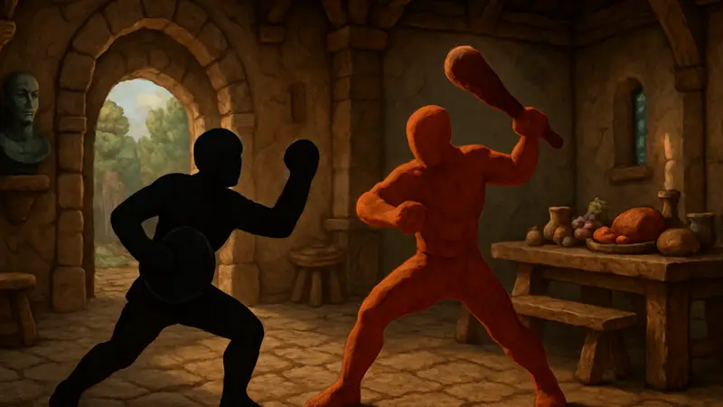 Скриншот из игры Banquet for Fools, демонстрирующий глиняную графику и бит-эм-ап сражение.