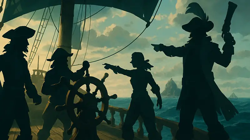 Группа пиратов из Sea of Thieves, управляющих кораблем в открытом море
