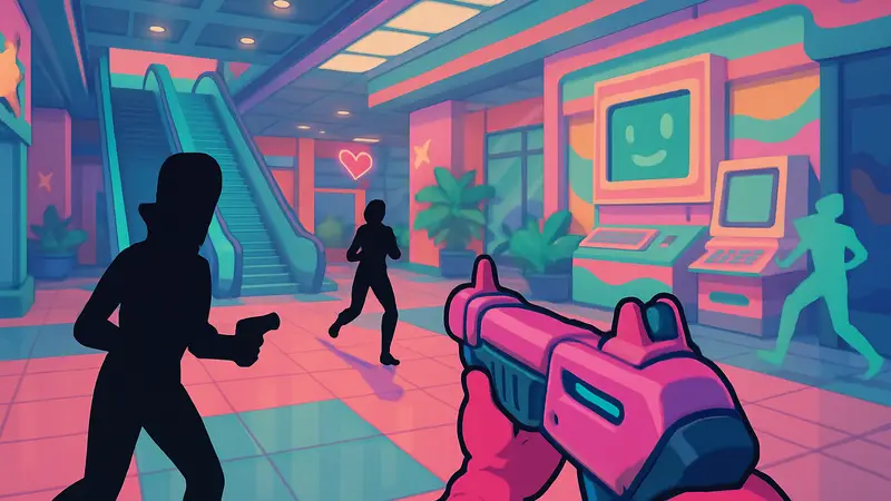 Игровой скриншот из Don't Stop, Girlypop! с яркой графикой в стиле Y2K, показывающий экшен от первого лица.