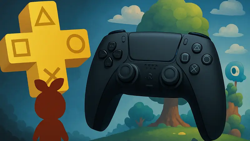 Игровой контроллер PlayStation на фоне логотипа PS Plus и игры Woodle.