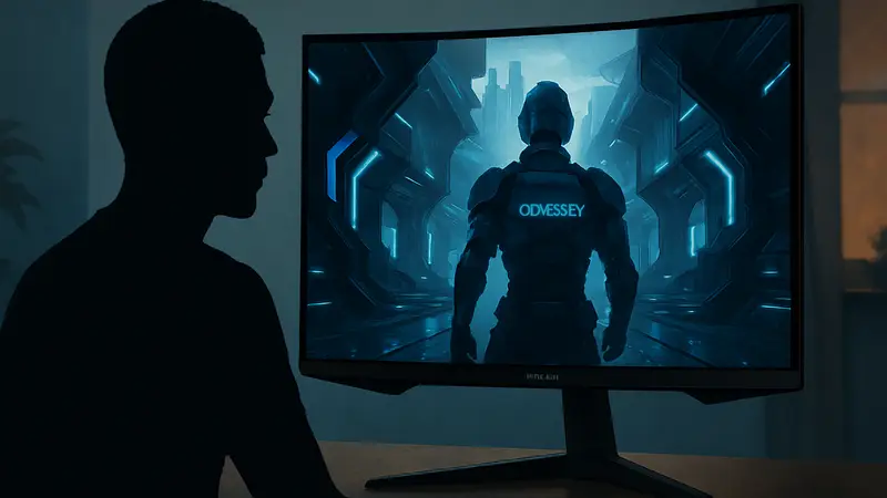 Изображение 27-дюймового игрового монитора Samsung Odyssey G5 G53F QHD, демонстрирующее его дизайн и качество картинки.