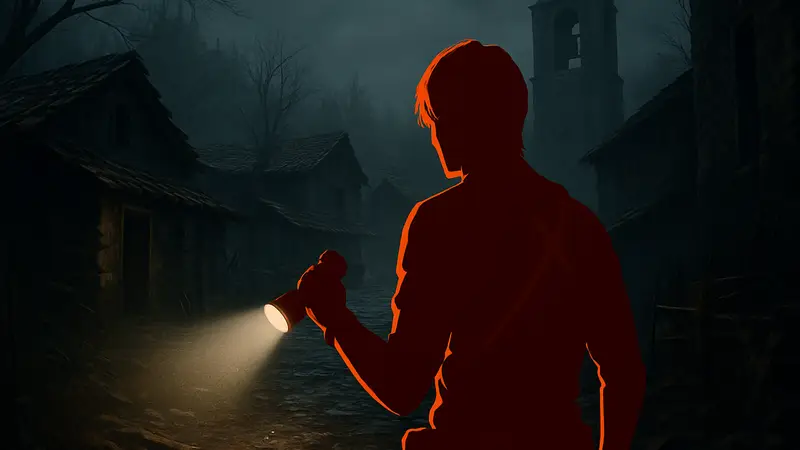 Скриншот из Resident Evil 4 Remake, где Леон Кеннеди исследует мрачную локацию с фонариком.