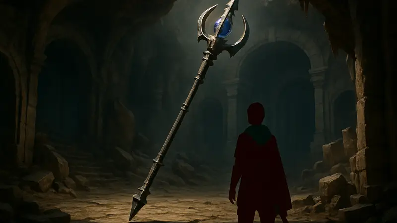 Изображение двуручного Посоха Баланса в Crimson Desert с окружением