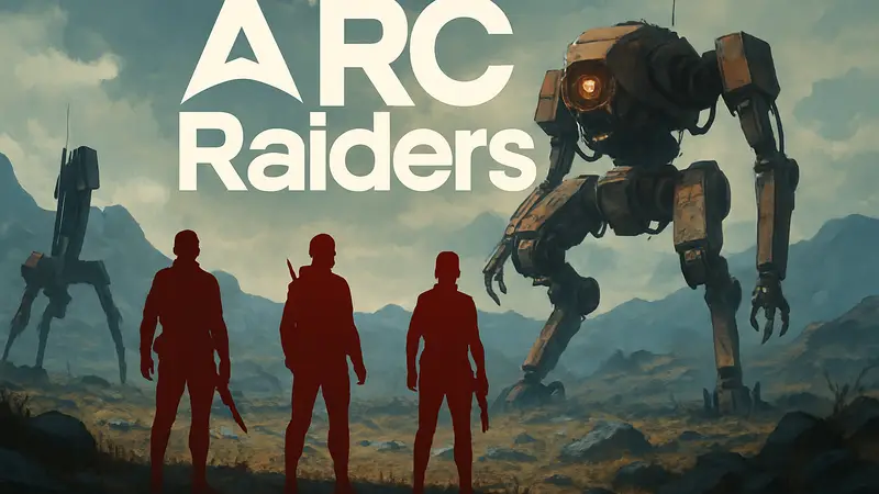 Логотип ARC Raiders на фоне инопланетного пейзажа с роботами