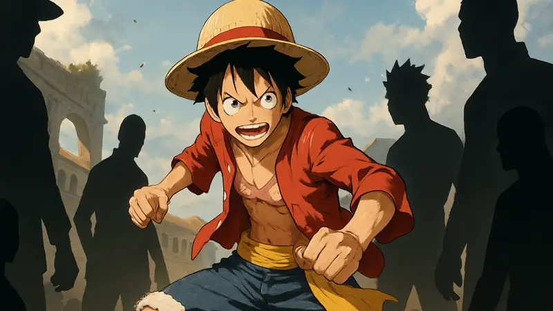 Луффи из One Piece в боевой позе, вокруг него другие персонажи