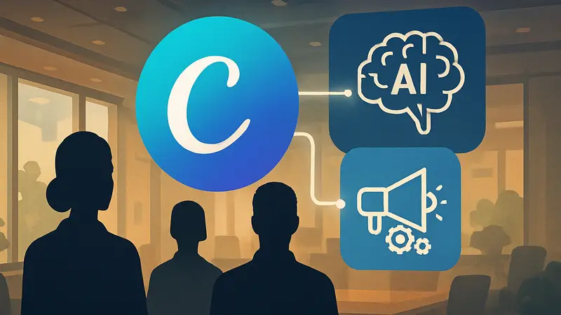 Логотип Canva с символами ИИ и маркетинговой автоматизации, демонстрирующий новые приобретения Simtheory и Ortto