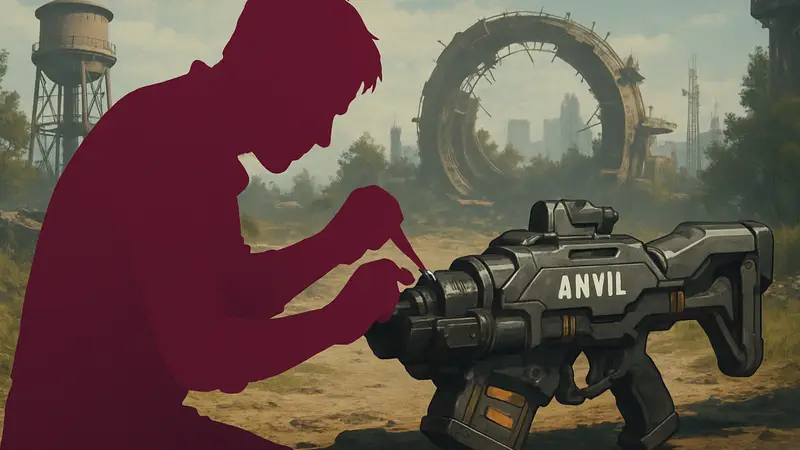 Игрок чинит футуристическое оружие Anvil в шутере Arc Raiders, выражая недовольство.