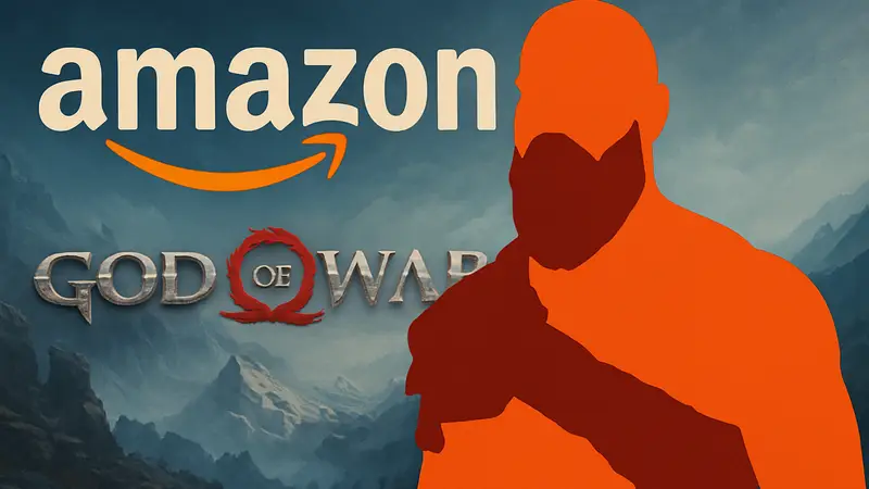 Райан Херст в образе Кратоса из сериала God of War, на фоне логотип Amazon