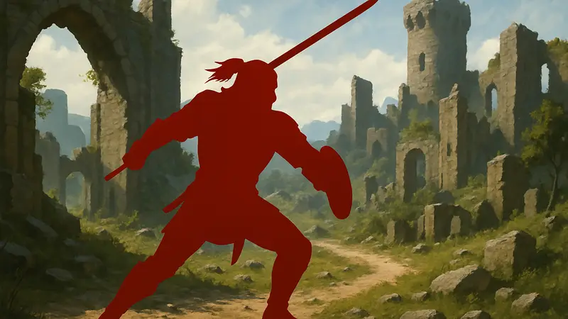 Фэнтезийный персонаж из игры Kromlech в боевой позе, на фоне средневекового пейзажа или руин.