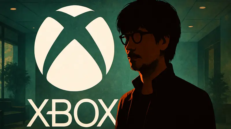 Хидео Кодзима на фоне логотипа Xbox, символизирующий сотрудничество и новые игровые проекты.