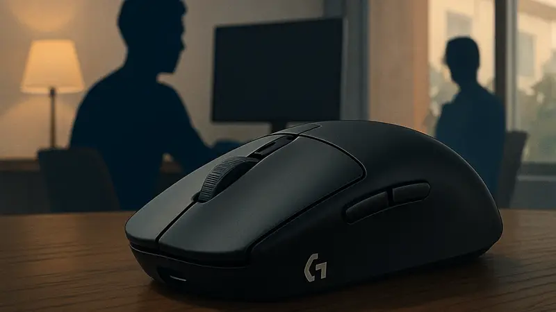 Игровая мышь Logitech G305 X Superlight черного цвета на столе, крупный план.