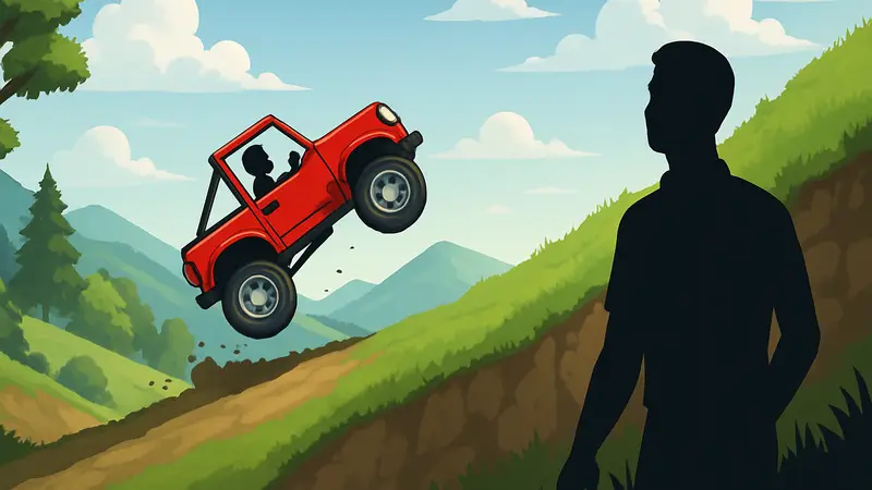 Игровой скриншот Hill Climb Racing 3 с машиной, взбирающейся на холм, демонстрирующий физический геймплей.