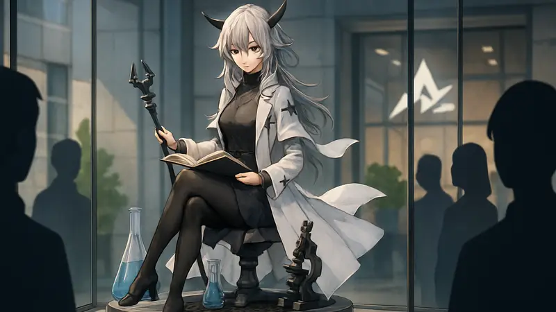 Детализированная статуя Кальцит из игры Arknights от Myethos на демонстрационной подставке.