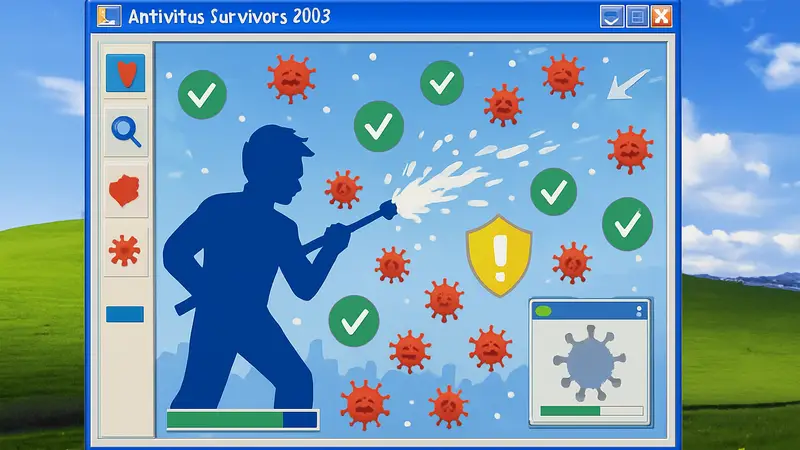 Antivirus Survivors 2003 Professional: игра в стиле Windows XP и Vampire Survivors, скриншот геймплея с антивирусным интерфейсом