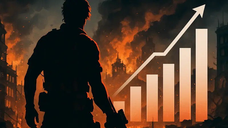 Игровой персонаж из Resident Evil Requiem на фоне горящего города, графика продаж.