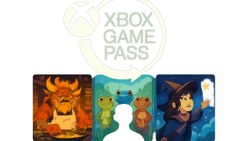 Логотип Xbox Game Pass с изображением новых игр Beastro, Frog Sqwad, Starseeker.