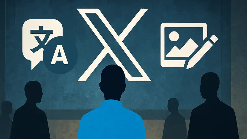 Логотип X с иконками перевода и редактирования фото, указывающими на ИИ Grok